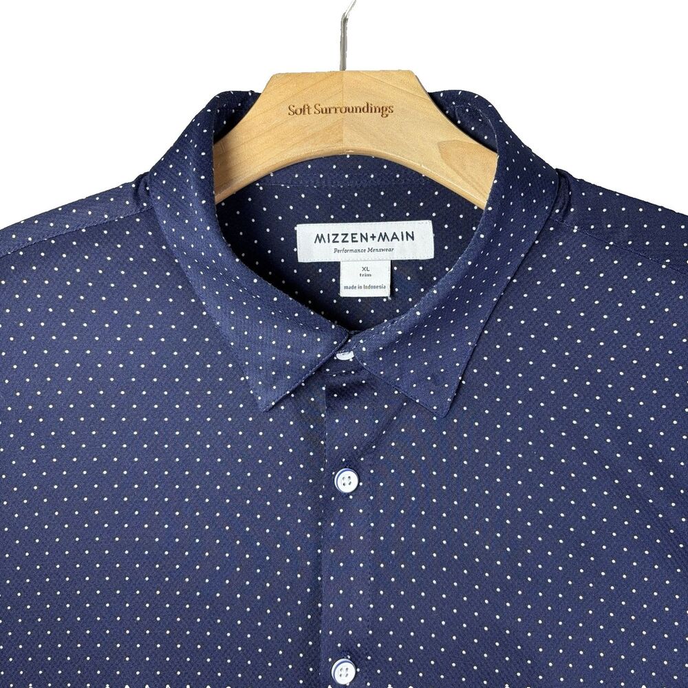 Mizzen Main Button Up Shirt Mens XL Trim Fit Short Sleeve Polka Dot Navy Blue